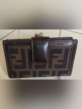 FENDI ZUCCA MONOGRAM CANVAS AND LEATHER KISS- LOCK, COMPACT WALLET